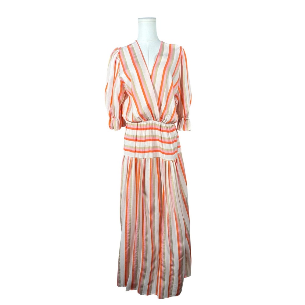 Dixie Orange Pink Striped V-Neck Tiered Maxi Dress Womens Medium